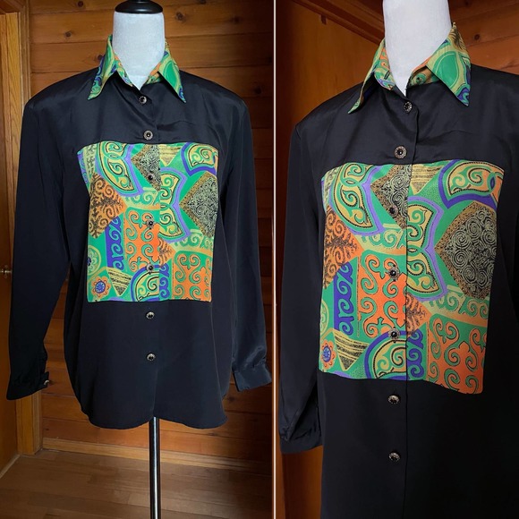 Vintage 80s Martinique Multicolor Multiprint Satin Button Down - Picture 4 of 6